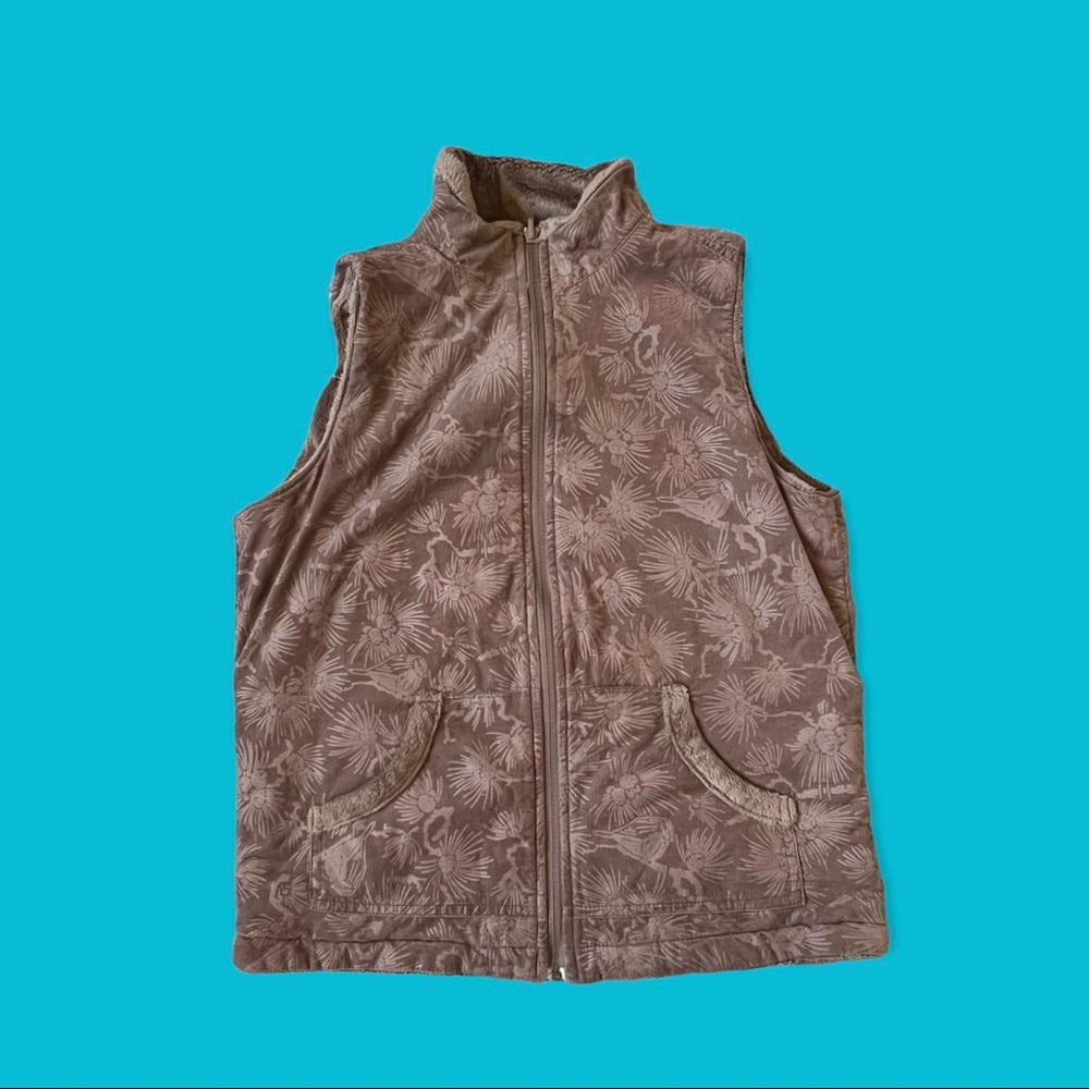 Columbia Reversible Vest Floral Fur Fleece Soft Warm Winter Brown Women Sz M L?